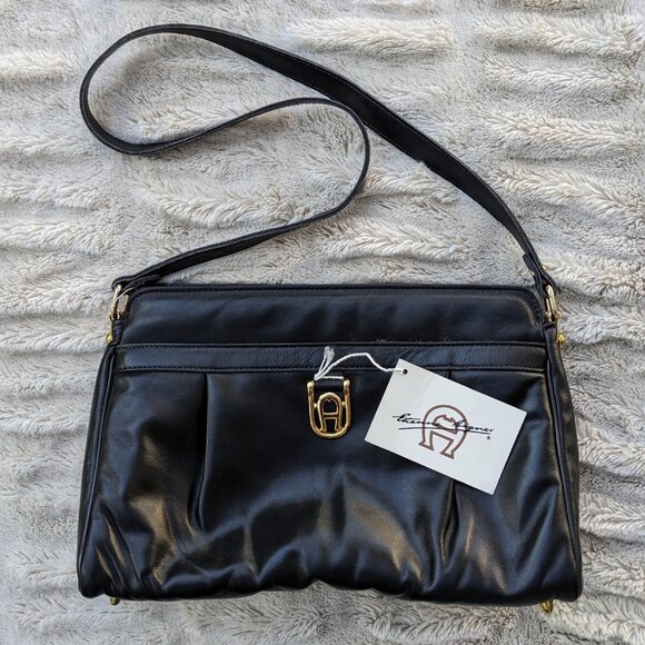 Vintage ETIENNE AIGNER Full Grain Leather Logo Shoulder Bag, Goldtone Hardware